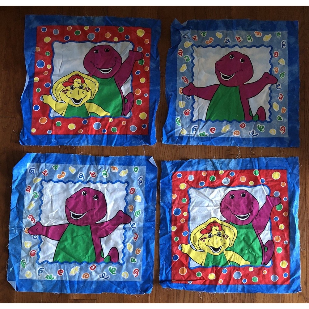 Vintage Barney and Baby Bop Fabric Panels 4 - 14.5 X 14.5 1990's